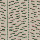 Textile pattern with vertical bands of coral and green geometric shapes on a beige background, digitally rendered with a woven texture.